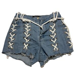 Akira Blue Lace Up Rope Detail Denim Shorts Light Wash High Waist Womens S